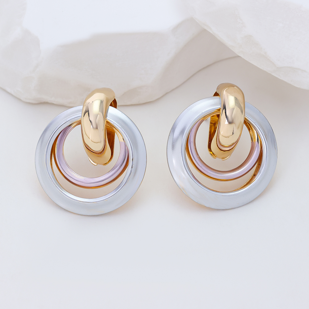 Sterling Silver Three-Tone Curved Hoop Earrings for Women | 14K Gold & Rose Gold Plated | Minimalist Geometric Statement Jewelry | Hypoallergenic C-Hoop Earrings