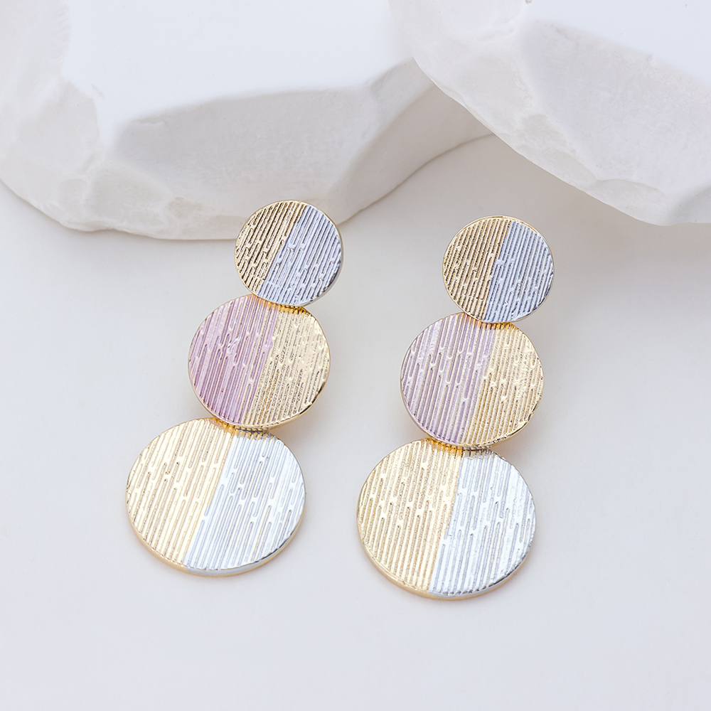 925 Sterling Silver Tri-Color Brushed Drop Earrings, Three Layer Round Disc Dangle Earrings for Women, Minimalist Geometric Jewelry Gift for Her