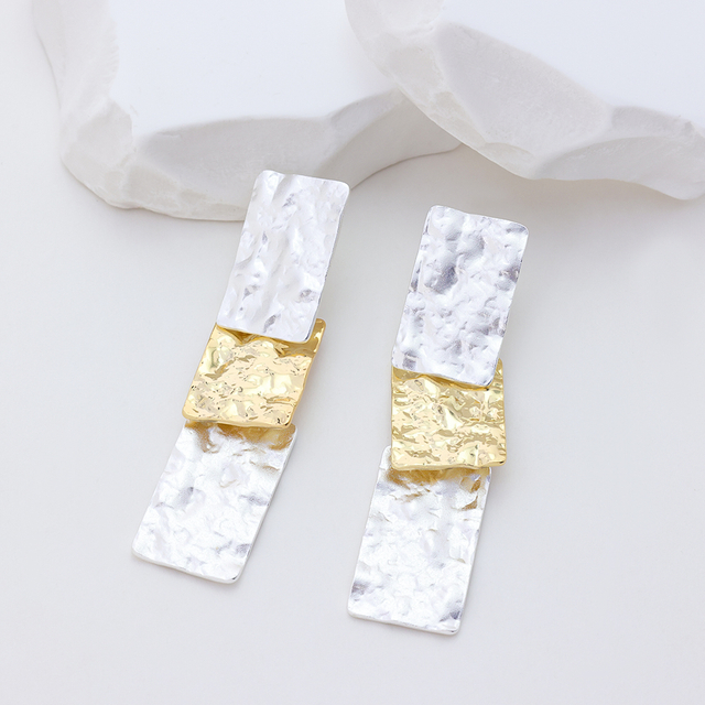 Two-Tone Hammered Sterling Silver Drop Earrings for Women, Geometric Rectangular Layered Dangle Earrings, Handcrafted Split Color Fashion Jewelry