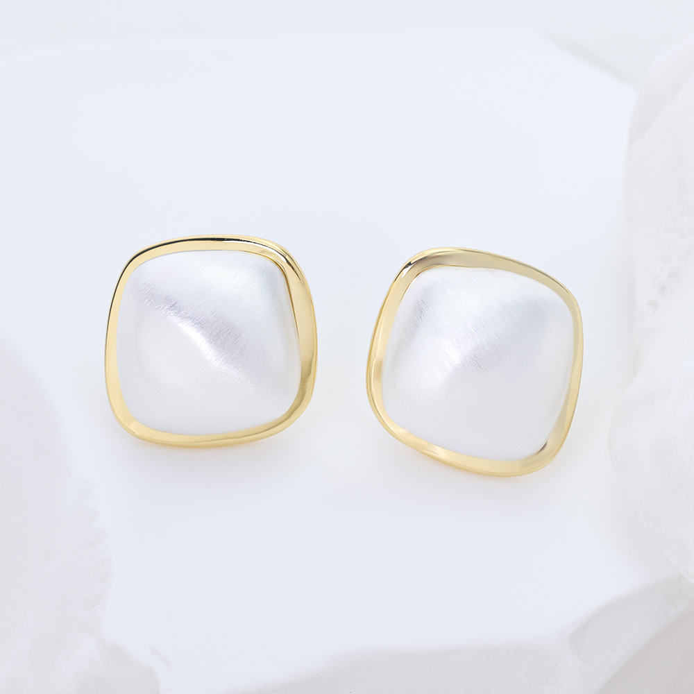 925 Sterling Silver Square Stud Earrings with Cat's Eye Pearl, Minimalist Gold Plated Jewelry for Women, Hypoallergenic Brushed Finish