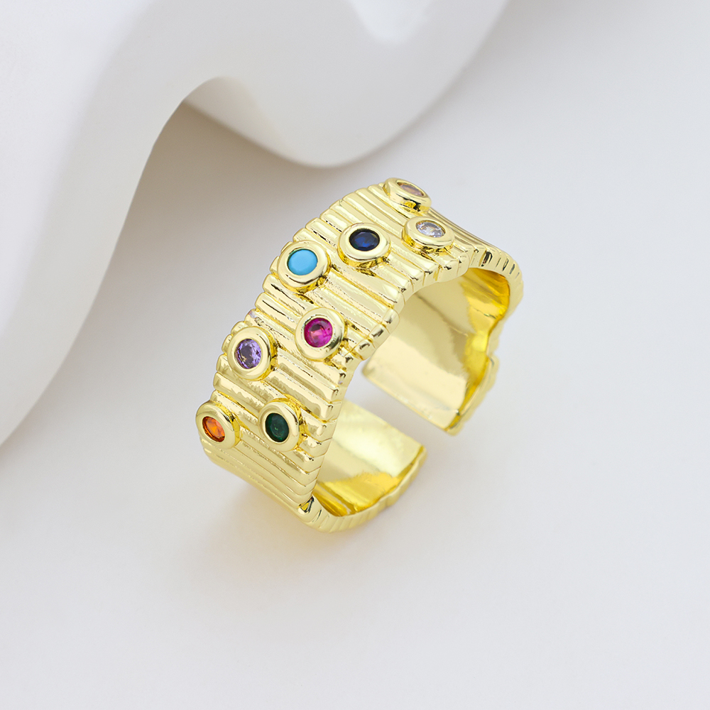 S925 Sterling Silver Hammered Boho Rainbow CZ Open Ring