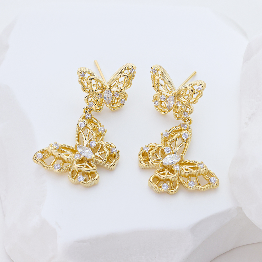 S925 Sterling Silver Butterfly Dangle Earrings,14K Gold Plated Hollow 5A CZ Drop Earrings for Women