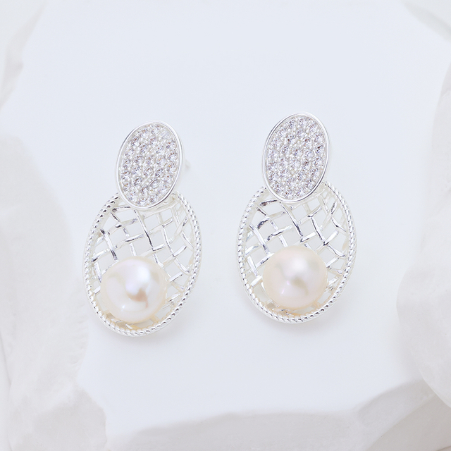 Sterling Silver Pineapple Woven Mesh Drop Earrings for Women, Oval Paved AAA Cubic Zirconia & Natural Freshwater Pearl Hollow Statement Dangle Earrings Elegant Bridal Wedding Jewelry Gift