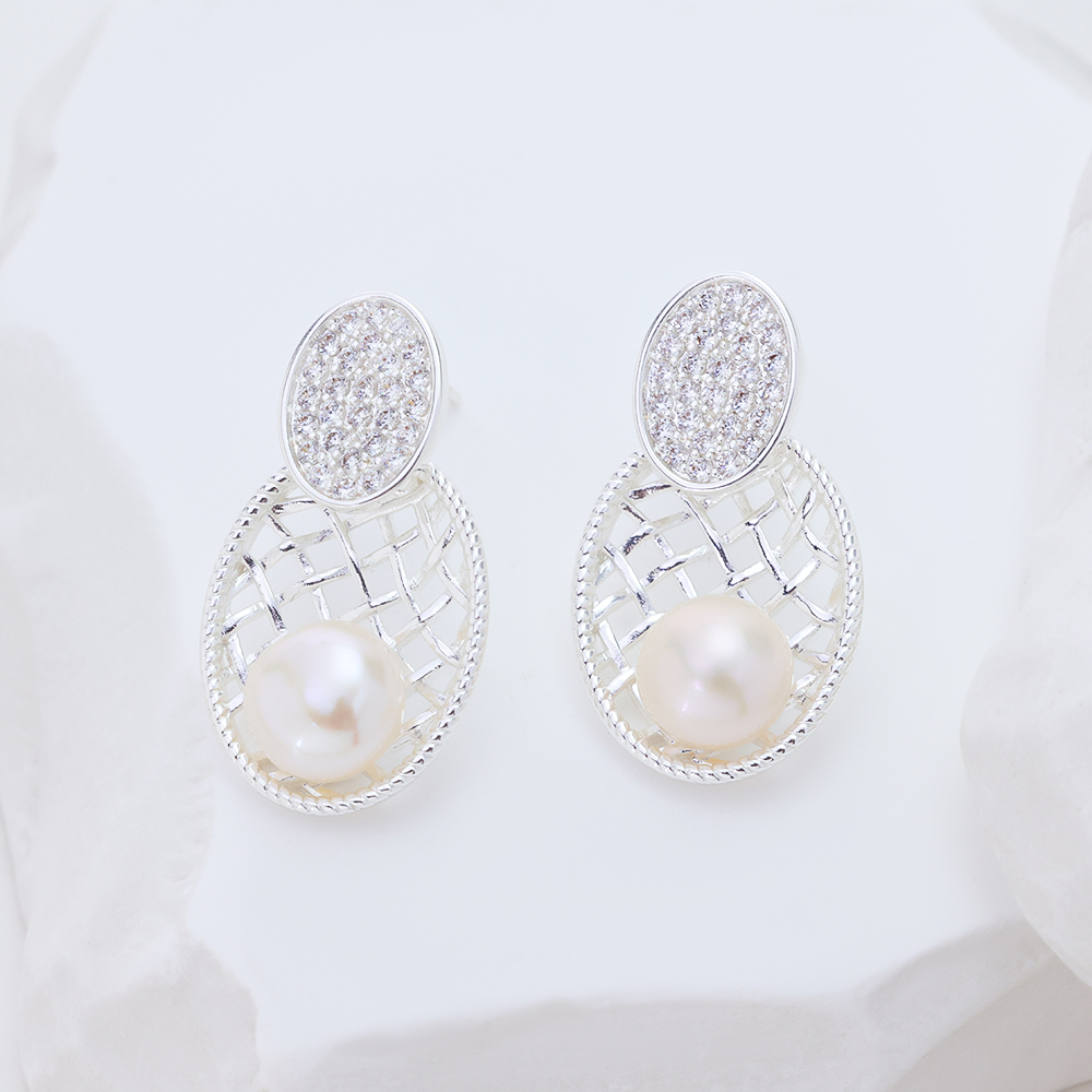 Sterling Silver Pineapple Woven Mesh Drop Earrings for Women, Oval Paved AAA Cubic Zirconia & Natural Freshwater Pearl Hollow Statement Dangle Earrings Elegant Bridal Wedding Jewelry Gift