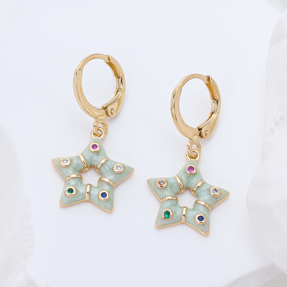 925 Sterling Silver Hoop Earrings, Light Green Enamel Star Drop Earrings with Colorful Cubic Zirconia, Dainty Huggie Earrings for Women Girls, Hypoallergenic Jewelry Gift