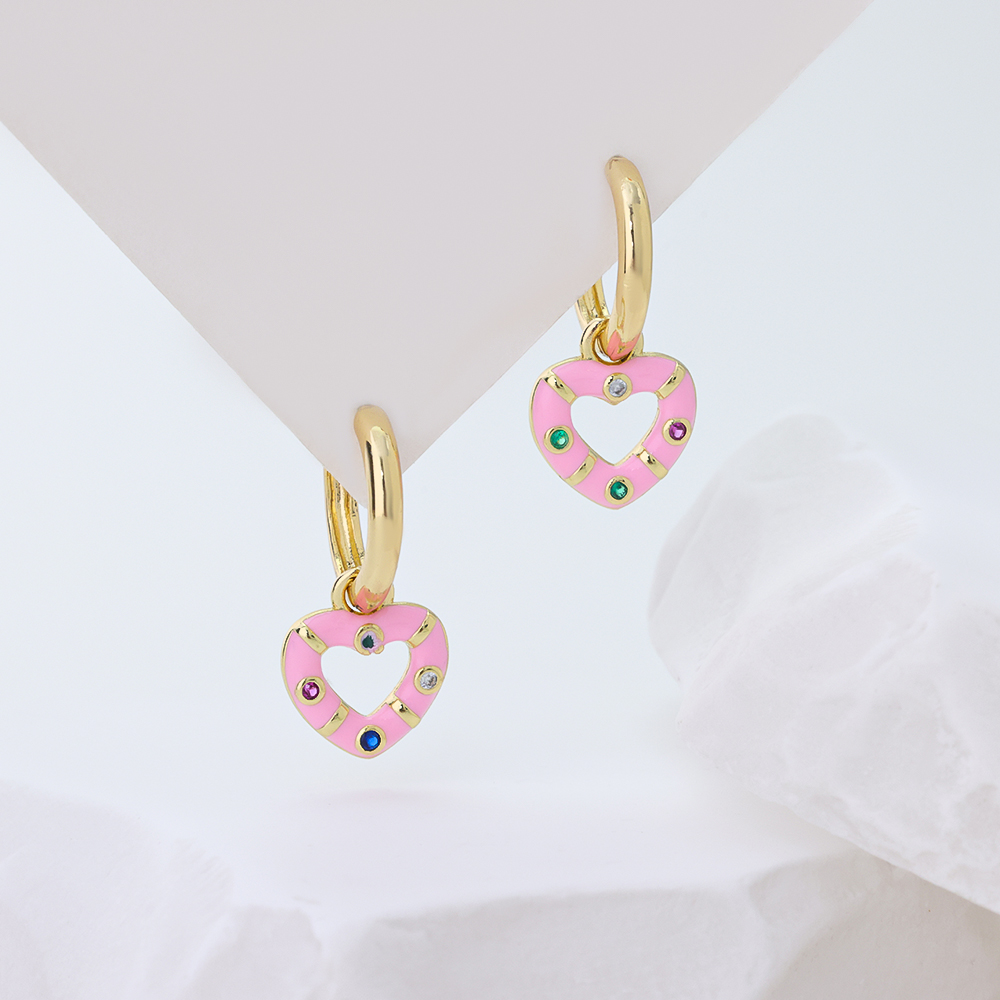 Pink Enamel Heart Huggie Hoop Earrings for Women | 925 Sterling Silver Colorful CZ Crystal Love Heart Drop Earrings | Cute Dainty Jewelry Gift for Her