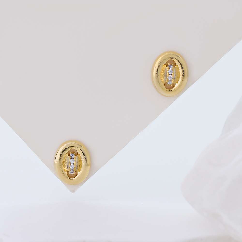925 Sterling Silver Oval Stud Earrings for Women, 3A Cubic Zirconia Minimalist Earrings, Dainty Textured Gold Plated Earrings Hypoallergenic for Sensitive Ears