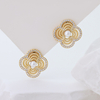 14K Gold Plated S925 Sterling Silver Four Leaf Clover Stud Earrings, Hollow Twisted Floral Earrings Inlaid 3A Cubic Zirconia & Pearl, Vintage Flower Jewelry Gift for Women