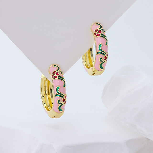 14K Gold Plated 925 Sterling Silver Pink Enamel Flower Hoop Earrings, Handcrafted Enameled Floral Huggie Earrings for Women