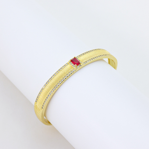 Vintage Brushed Gold Bangle with Rectangular Red Gemstone & Pavé CZ Accents