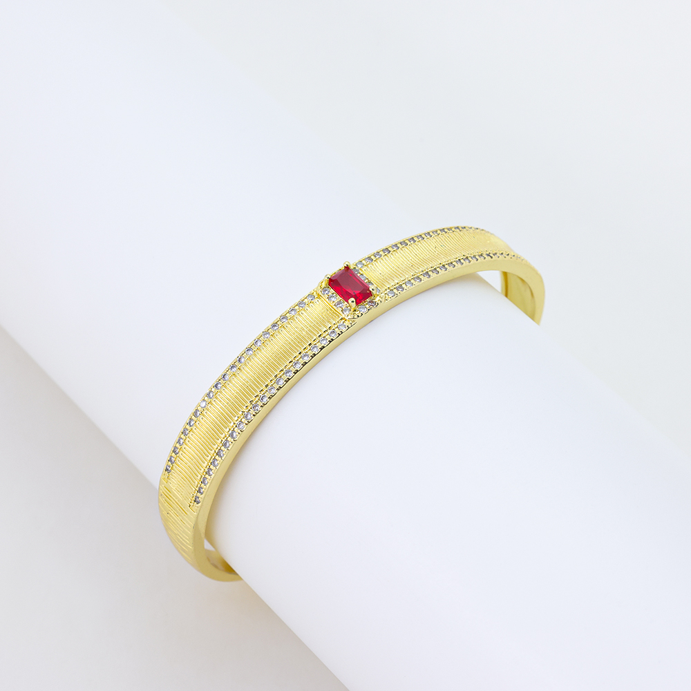 Vintage Brushed Gold Bangle with Rectangular Red Gemstone & Pavé CZ Accents