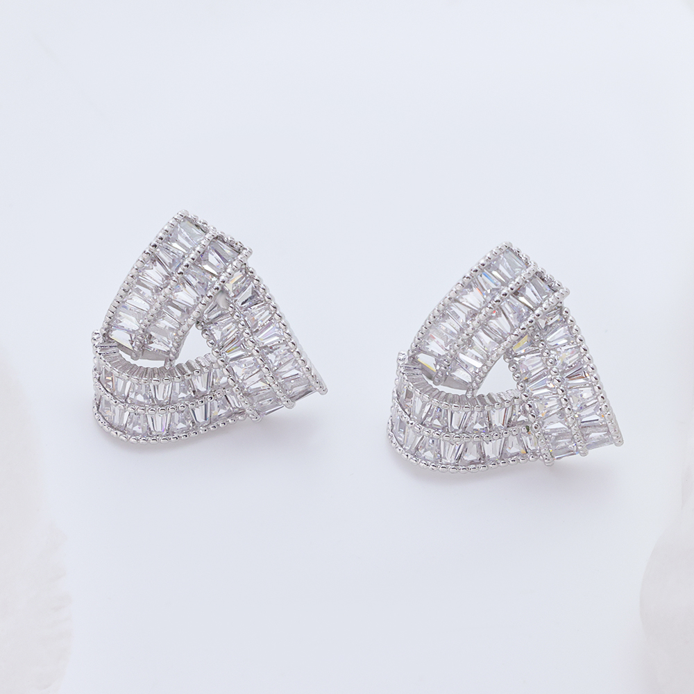 S925 Sterling Silver Twisted Triangle Baguette Zircon Stud Earrings