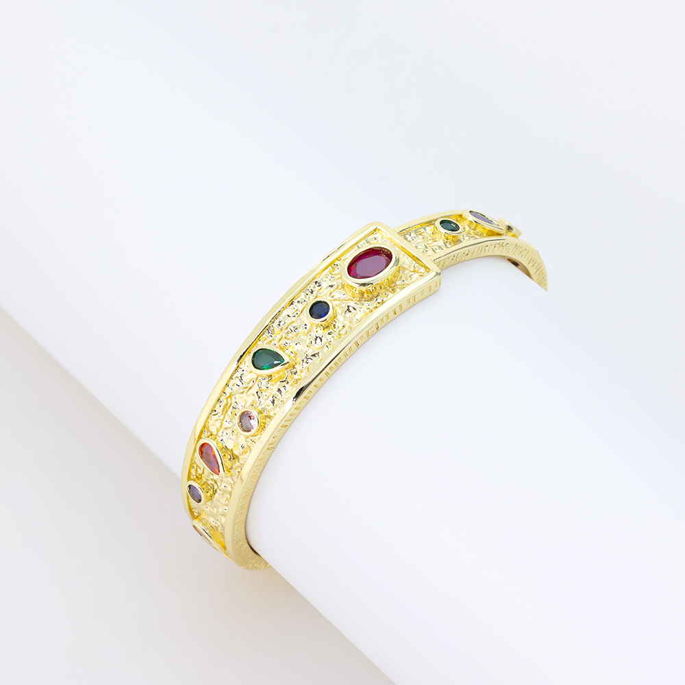 Vintage Gold Plated Bangle Bracelet with Colorful Zircon Inlays