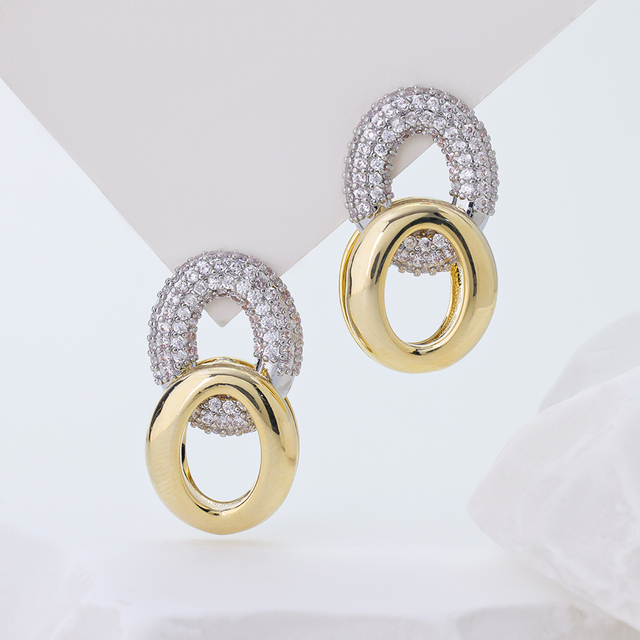 S925 Sterling Silver Two Tone 5A Zircon Interlocking Oval Drop Earrings
