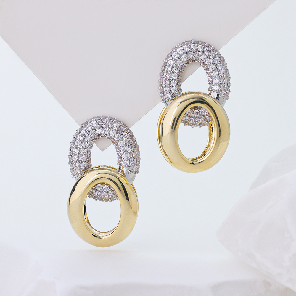 S925 Sterling Silver Two Tone 5A Zircon Interlocking Oval Drop Earrings