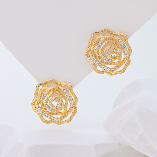 925 Sterling Silver 14K Gold Plated Hollow Twisted Rose Stud Earrings for Women 5A CZ Statement Earrings