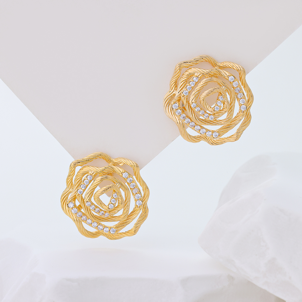 925 Sterling Silver 14K Gold Plated Hollow Twisted Rose Stud Earrings for Women 5A CZ Statement Earrings