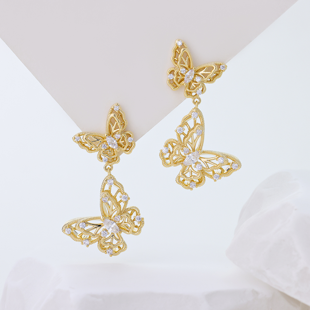 S925 Sterling Silver Butterfly Dangle Earrings,14K Gold Plated Hollow 5A CZ Drop Earrings for Women