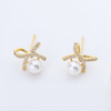 14K Yellow Gold Plated S925 Sterling Silver Bow Pearl Stud Earrings, 3A Cubic Zirconia Bowknot Pearl Dainty Earrings for Women