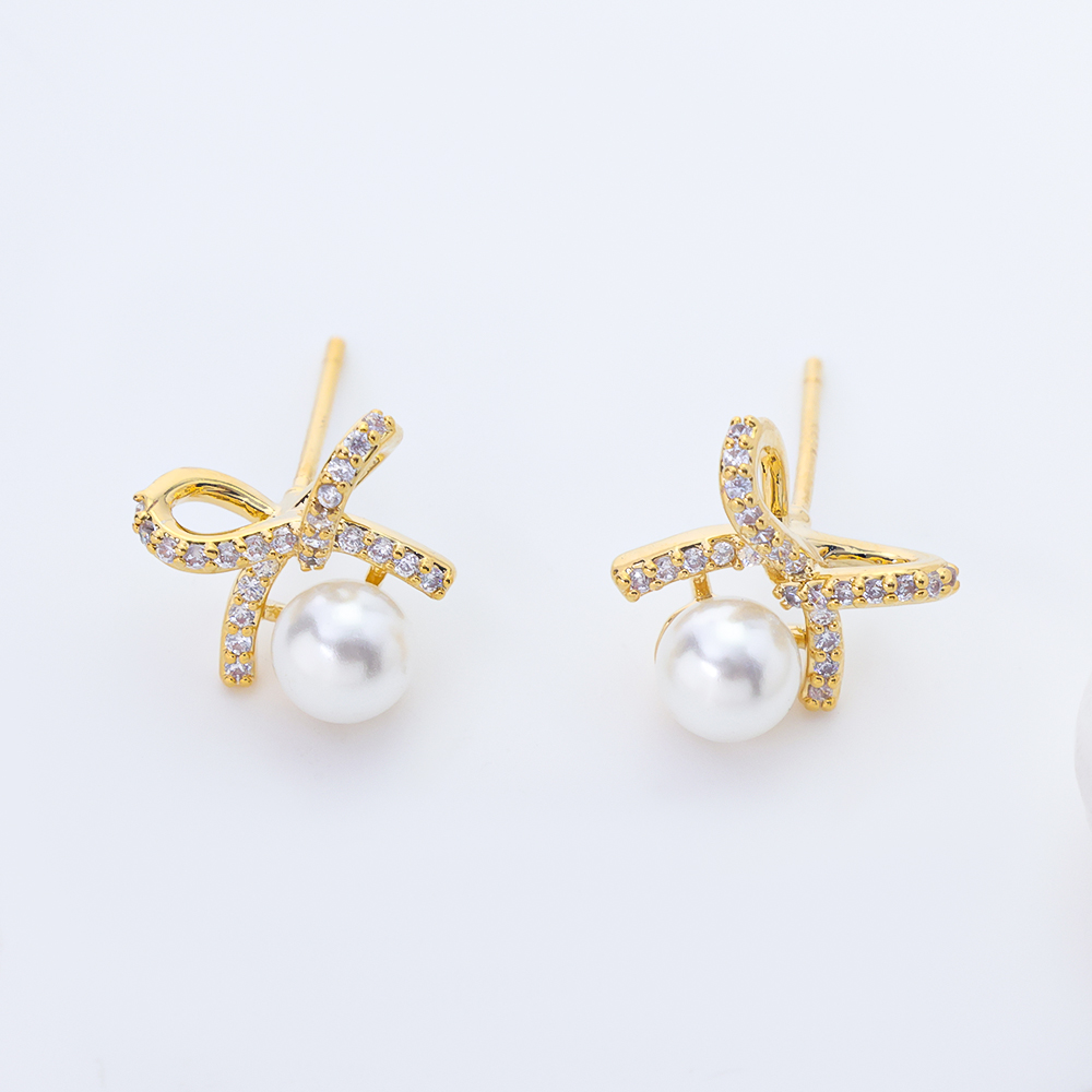 14K Yellow Gold Plated S925 Sterling Silver Bow Pearl Stud Earrings, 3A Cubic Zirconia Bowknot Pearl Dainty Earrings for Women