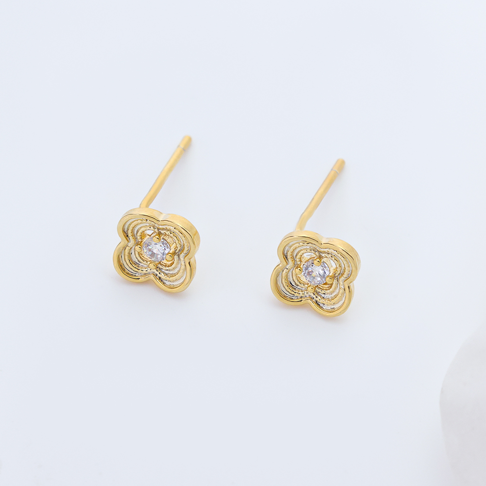14K Gold Plated Sterling Silver Clover Stud Earrings, Dainty Four Leaf Clover Earrings with Clear Cubic Zirconia, Minimalist Lucky Jewelry Gift for Women Girls