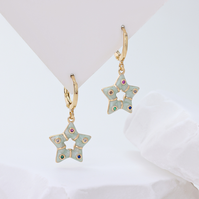 925 Sterling Silver Hoop Earrings, Light Green Enamel Star Drop Earrings with Colorful Cubic Zirconia, Dainty Huggie Earrings for Women Girls, Hypoallergenic Jewelry Gift