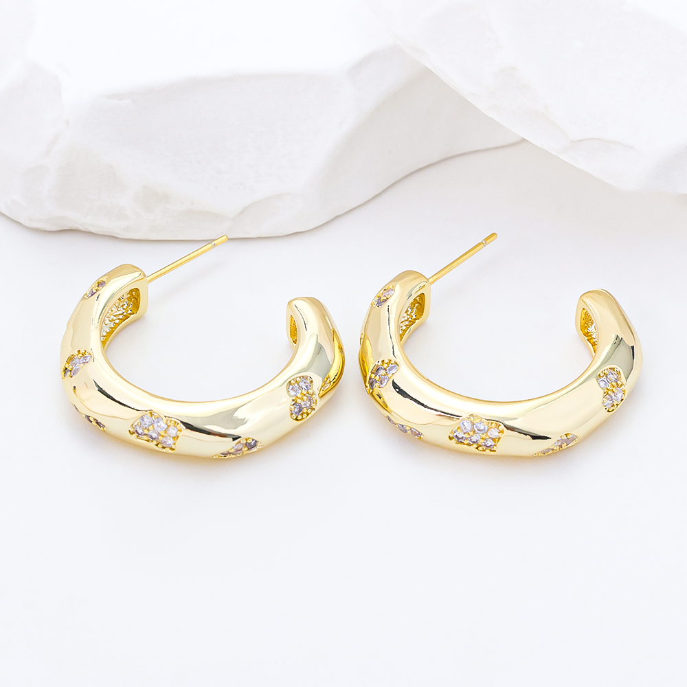14K Gold Plated Sterling Silver Chunky Open C Hoop Earrings, Textured Huggie Hoops Inlaid Shiny 3A Cubic Zirconia, Lightweight Daily Wear Statement Jewelry Gift for Women