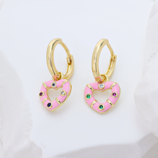 Pink Enamel Heart Huggie Hoop Earrings for Women | 925 Sterling Silver Colorful CZ Crystal Love Heart Drop Earrings | Cute Dainty Jewelry Gift for Her