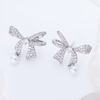 Sterling Silver Bowknot Stud Earrings for Women, 3A Cubic Zirconia Bow Dangle Pearl Drop Earrings Elegant Wedding Bridal Jewelry Gift
