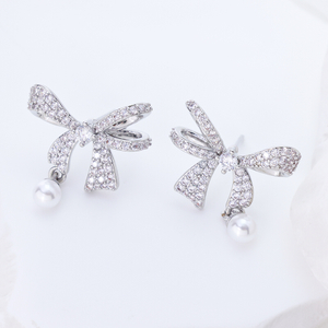 Sterling Silver Bowknot Stud Earrings for Women, 3A Cubic Zirconia Bow Dangle Pearl Drop Earrings Elegant Wedding Bridal Jewelry Gift