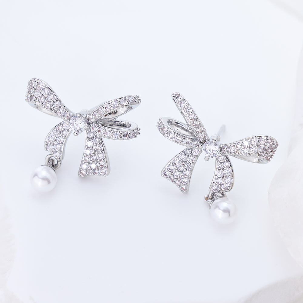Sterling Silver Bowknot Stud Earrings for Women, 3A Cubic Zirconia Bow Dangle Pearl Drop Earrings Elegant Wedding Bridal Jewelry Gift
