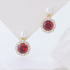 14K Gold Plated 925 Silver Pearl Drop Earrings, Vintage Ruby Red 3A Cubic Zirconia Halo Dangle Earrings for Women
