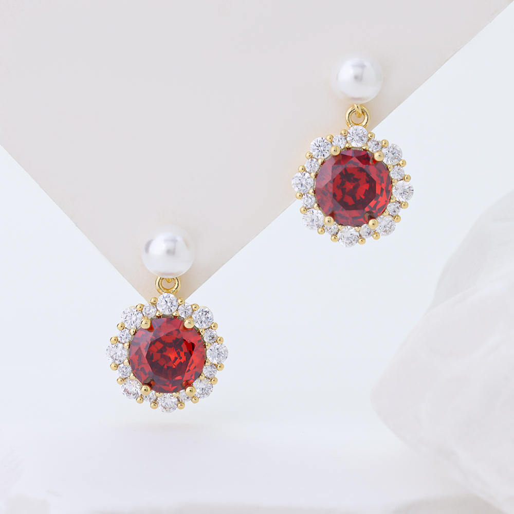 14K Gold Plated 925 Silver Pearl Drop Earrings, Vintage Ruby Red 3A Cubic Zirconia Halo Dangle Earrings for Women