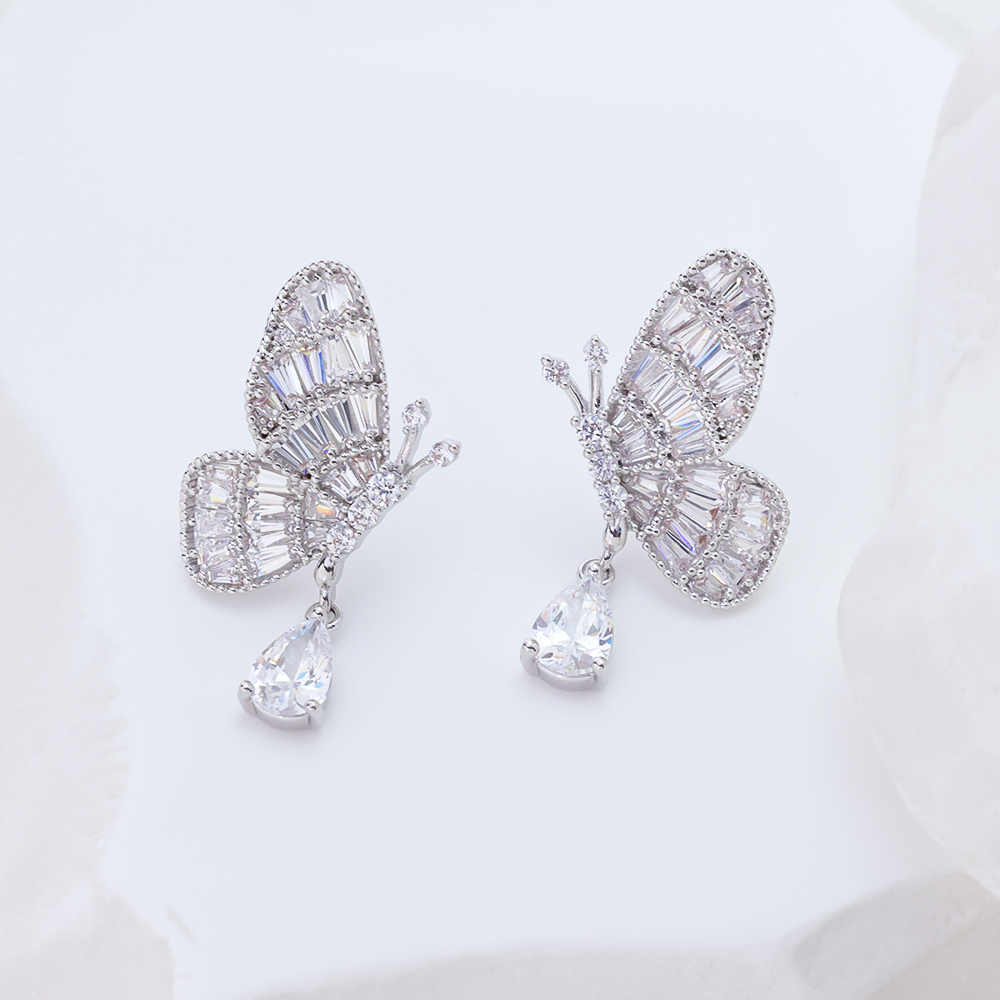 925 Sterling Silver Butterfly Drop Earrings with Tapered Baguette & Pear Cut Cubic Zirconia, Dainty CZ Butterfly Dangle Earrings for Women, Hypoallergenic Bridal Wedding Jewelry Gift