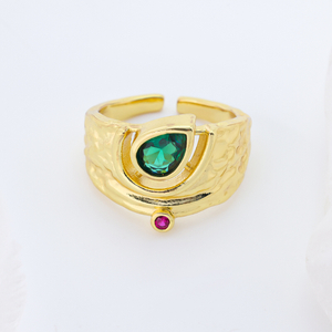 Gold Plated Sterling Silver Zircon Ring with Emerald Cut Green Stone & Pink Accent – Adjustable Open Design