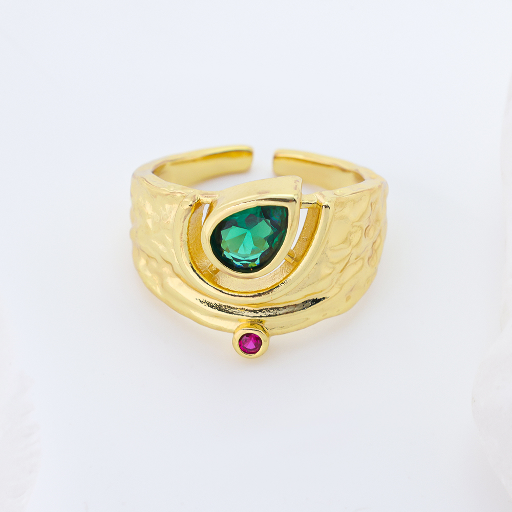 Gold Plated Sterling Silver Zircon Ring with Emerald Cut Green Stone & Pink Accent – Adjustable Open Design