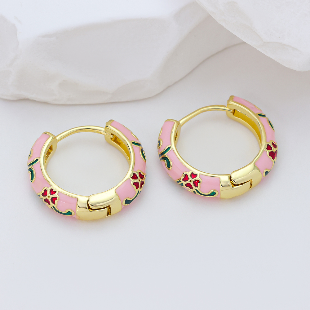 14K Gold Plated 925 Sterling Silver Pink Enamel Flower Hoop Earrings, Handcrafted Enameled Floral Huggie Earrings for Women