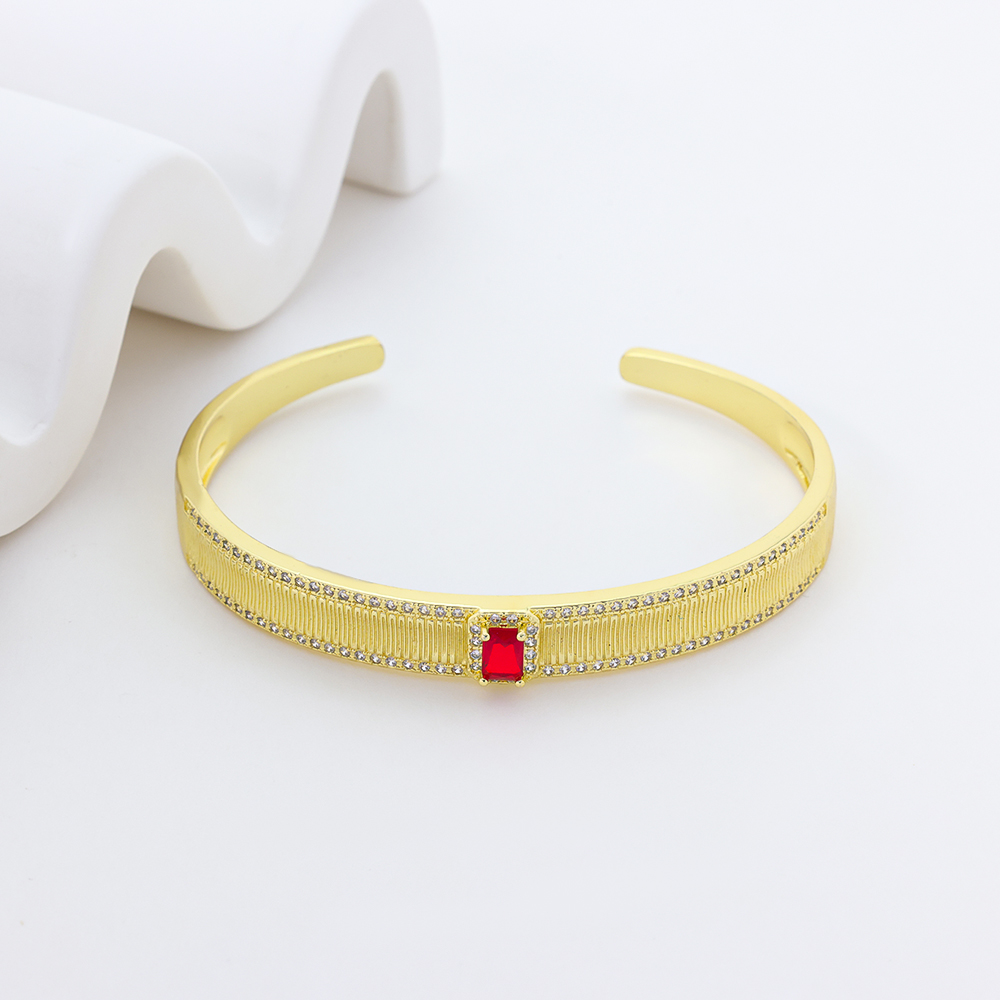 Vintage Brushed Gold Bangle with Rectangular Red Gemstone & Pavé CZ Accents