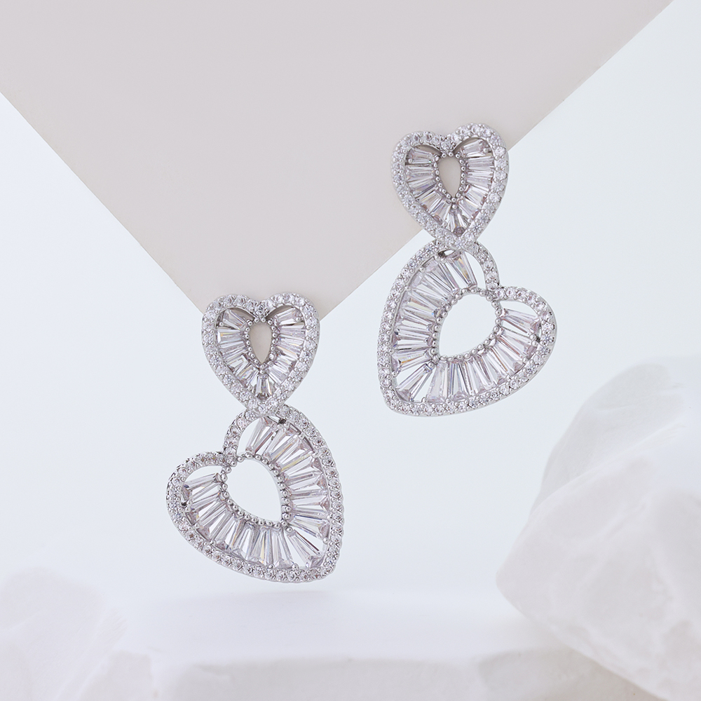 Double Heart Drop Earrings, 925 Sterling Silver Sparkling Cubic Zirconia Paved Hollow Heart Dangle Earrings for Women Romantic Valentine Jewelry Gift