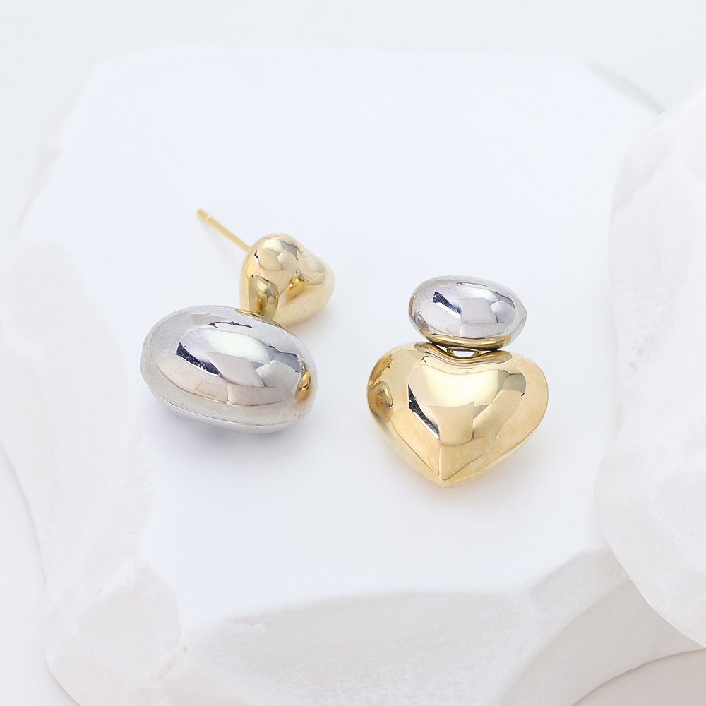 Two-Tone Gold Silver Plated 925 Sterling Silver Heart Drop Earrings, Asymmetric Chunky Puffy Heart Dangle Earrings for Women