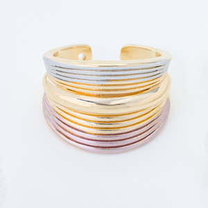 Multicolor Enamel Layered Open Cuff Ring, 18K Gold Plated Stackable Statement Ring with Silver & Pink Spray Painted Stripes, Adjustable Wide Band Fashion Jewelry Ring