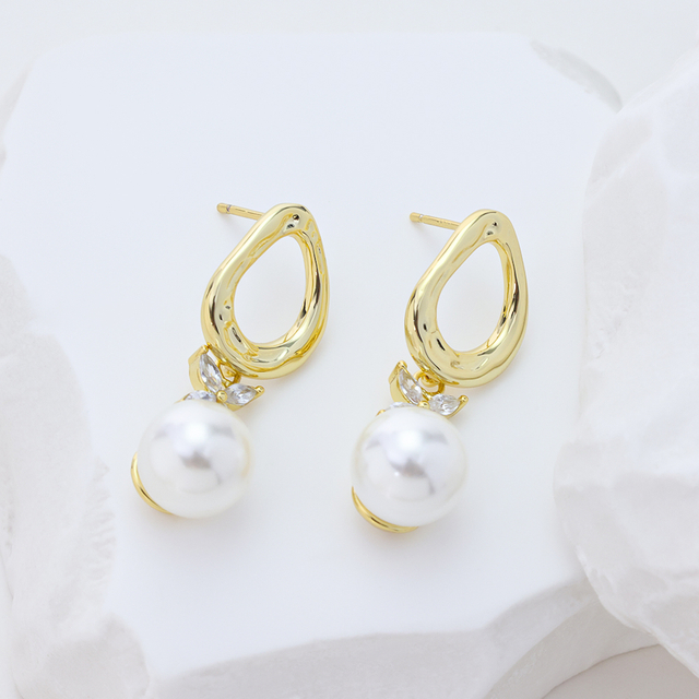 Extended Title: Irregular Hollow Gold Hoop with Rhinestone Bow Accent & Round White Pearl Drop Dangle Earrings for Women Elegant Daily Wedding Jewelry