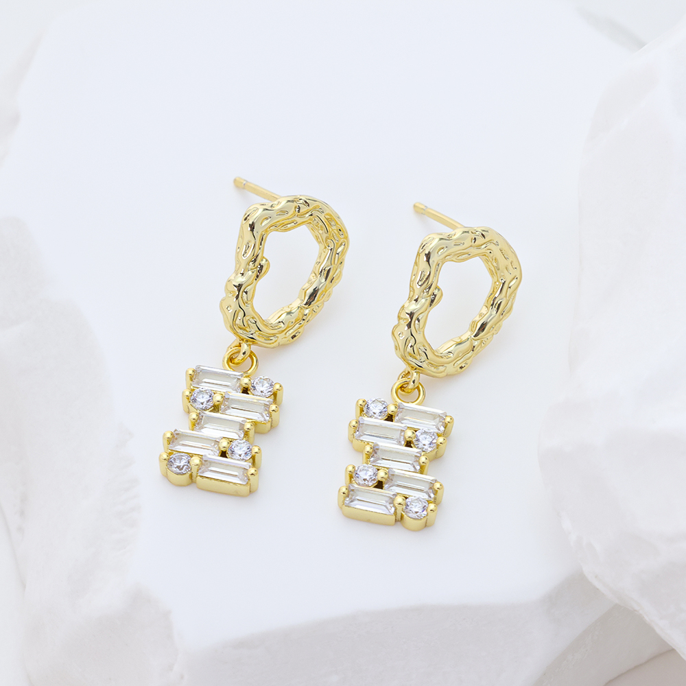 925 Sterling Silver Gold-Plated Textured Hoop Earrings with Geometric Baguette & Round Cubic Zirconia Dangles