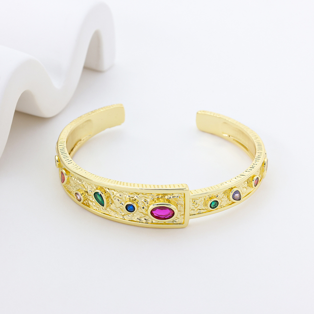 Vintage Gold Plated Bangle Bracelet with Colorful Zircon Inlays