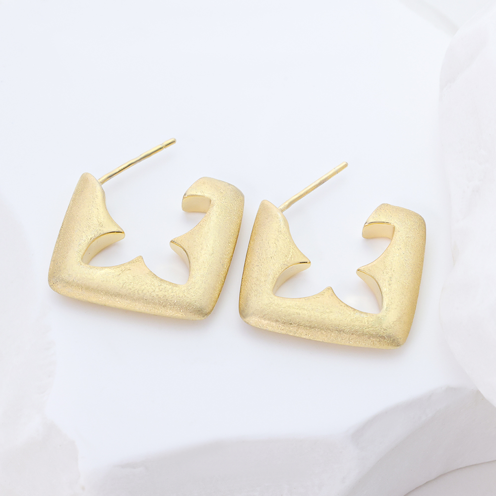 S925 Sterling Silver Matte Abstract Square Huggie Earrings 14K Gold Plated Hollow Geometric Jewelry for Women