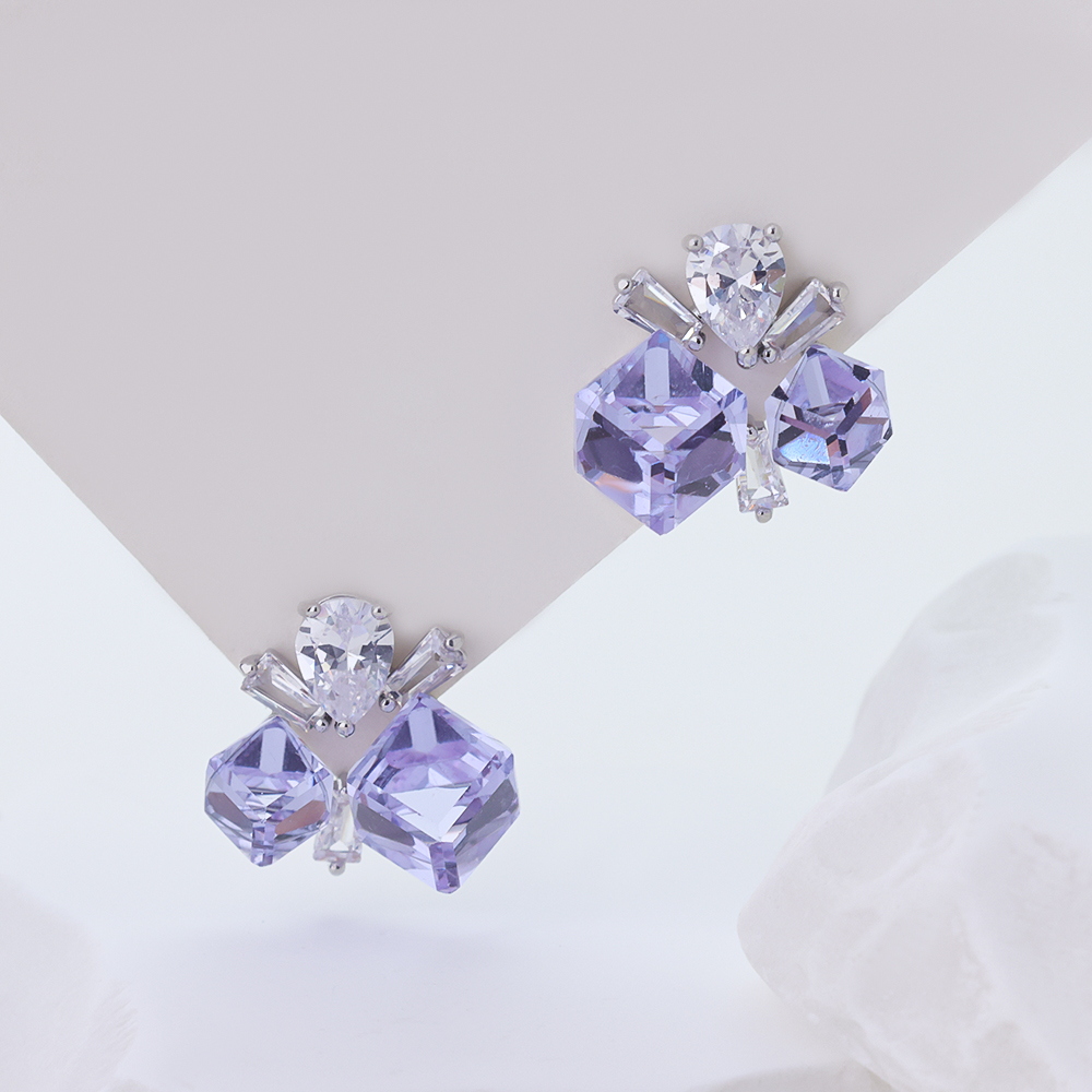 S925 Sterling Silver Rhodium Plated Square Amethyst & Pear Cut CZ Statement Stud Earrings