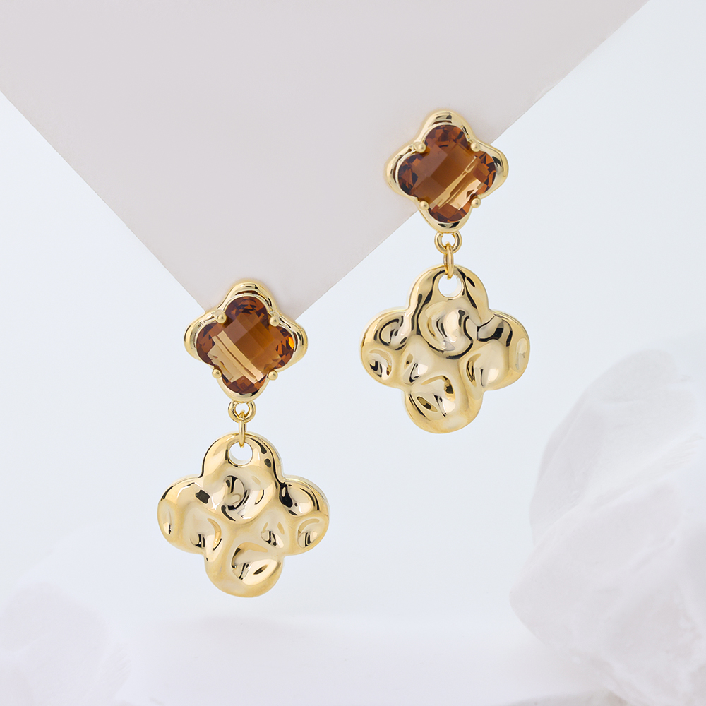 14K Gold Plated Sterling Silver Dangle Earrings, Brown Cubic Zirconia Textured Clover Drop Earrings, Vintage Four Leaf Clover Jewelry Gift for Women