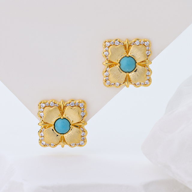 14K Gold Plated Four Leaf Clover Stud Earrings for Women, Vintage Square Synthetic Turquoise Earrings Inlaid 3A Cubic Zirconia, Elegant Lucky Flower Fashion Jewelry