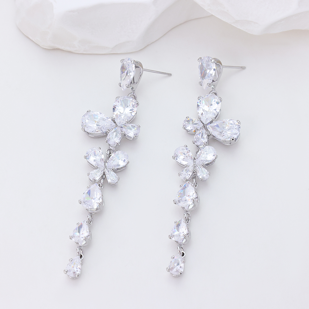 Long Water Drop Zircon Earrings, Dangle Flower Shape Bridal Earrings, Cubic Zirconia Statement Jewelry for Women