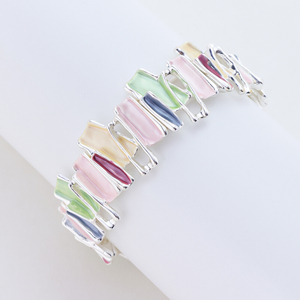 Colorful Enamel Geometric Link Bracelet, Silver Tone Stainless Steel Bangle, Fashion Statement Jewelry for Women